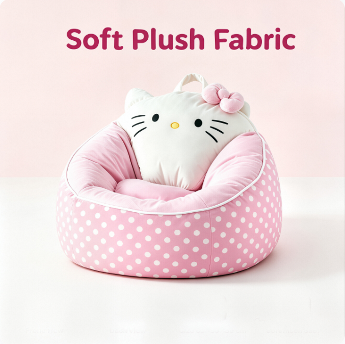 Kids Plush Sofa Chair | Pink Polka Dot Cat Design with Soft Foam Filling & Easy Carry Handle